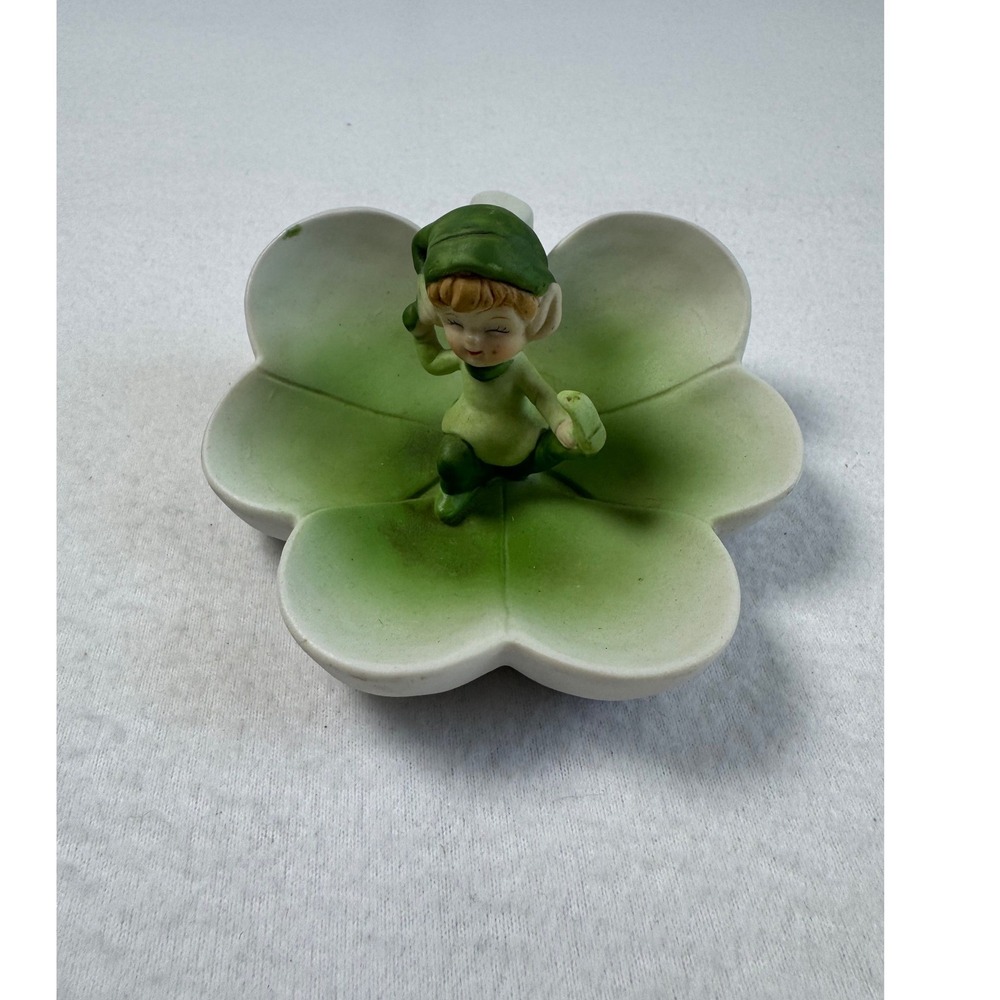 Vintage Brinn's‎ Pixie Elf Flower Trinket Dish Green Porcelain Figurine Taiwan